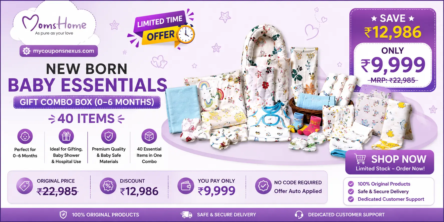 New Born Baby Essentials Gift Combo Box (0–6 Months, 40 Items) – Save ₹12,986