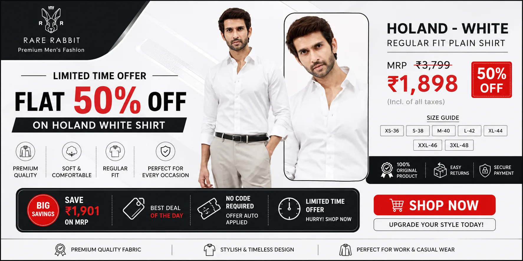 Rare Rabbit Holand White Regular Fit Shirt – Flat 50% OFF
